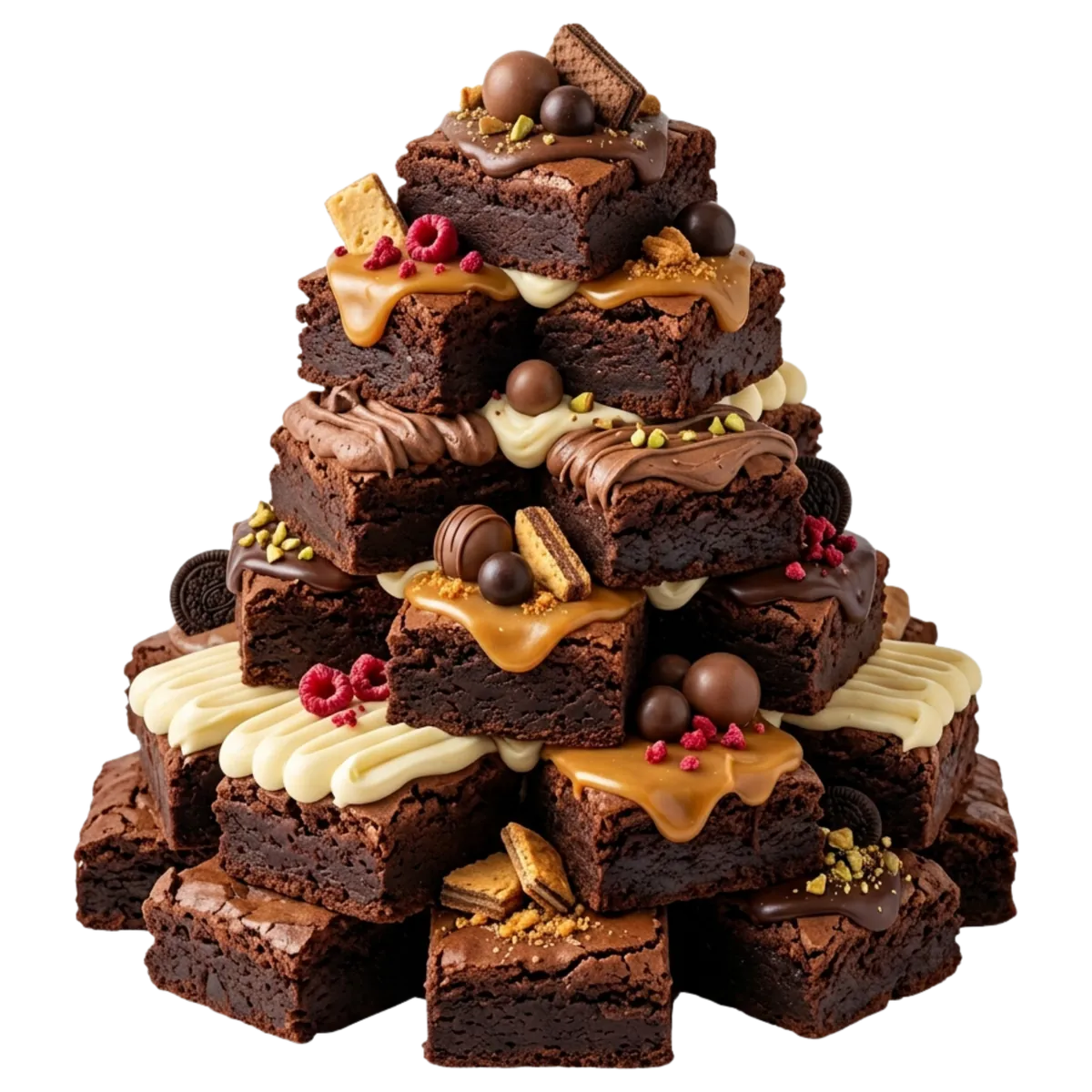 A tower of brownies topped with caramel, white chocolate and berries