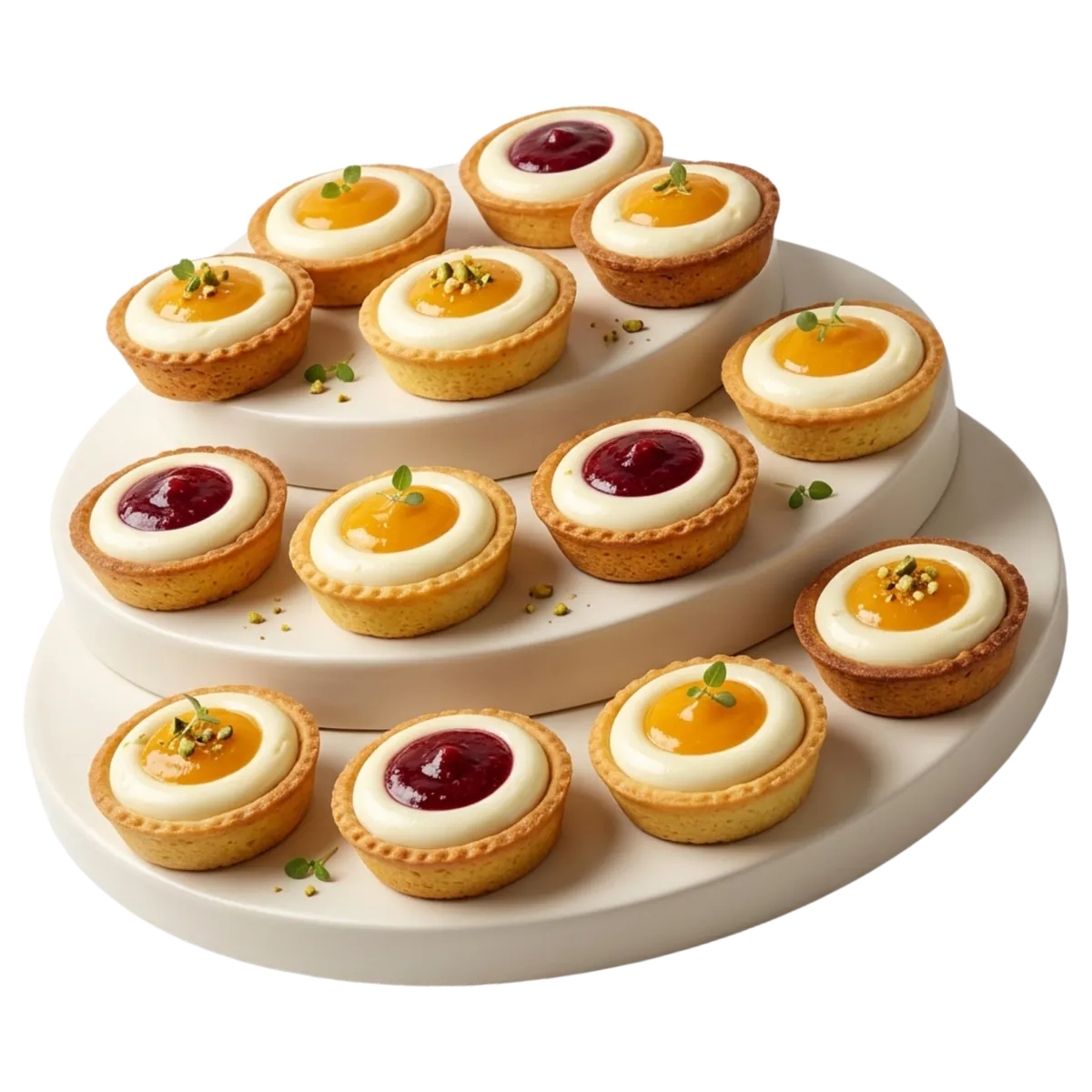 Mini cheese tarts with fruit glaze arranged on a tiered white stand