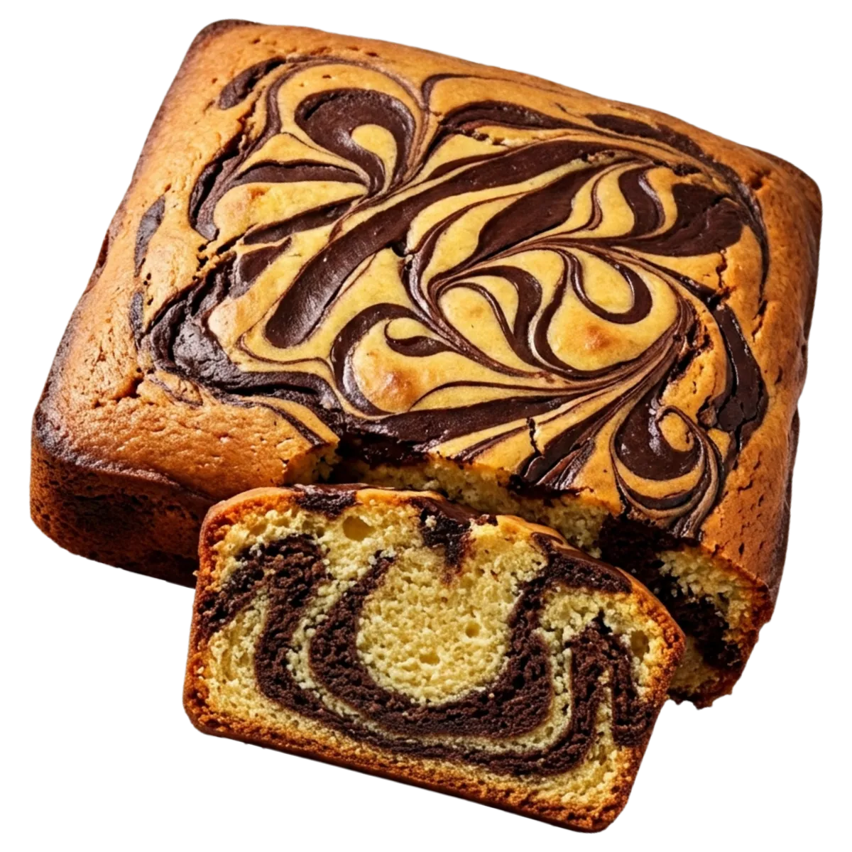 Chocolate marble buttercake with a dark swirl running through a golden crumb