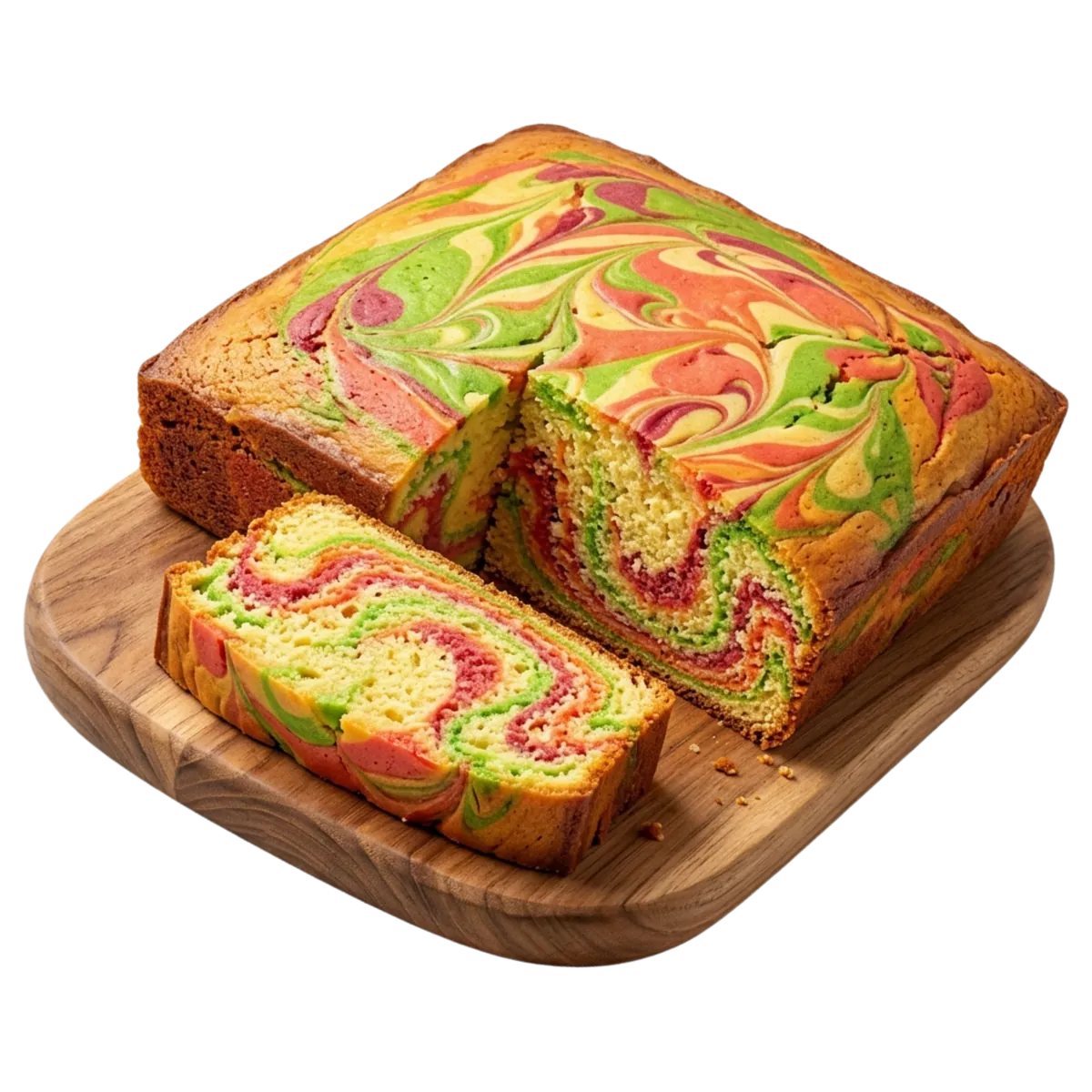 Rainbow marble buttercake on a wooden board, one slice cut to show the swirl