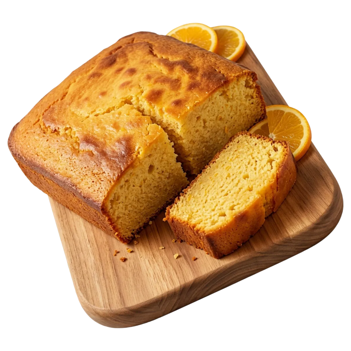 Golden orange buttercake on a wooden board with fresh orange slices