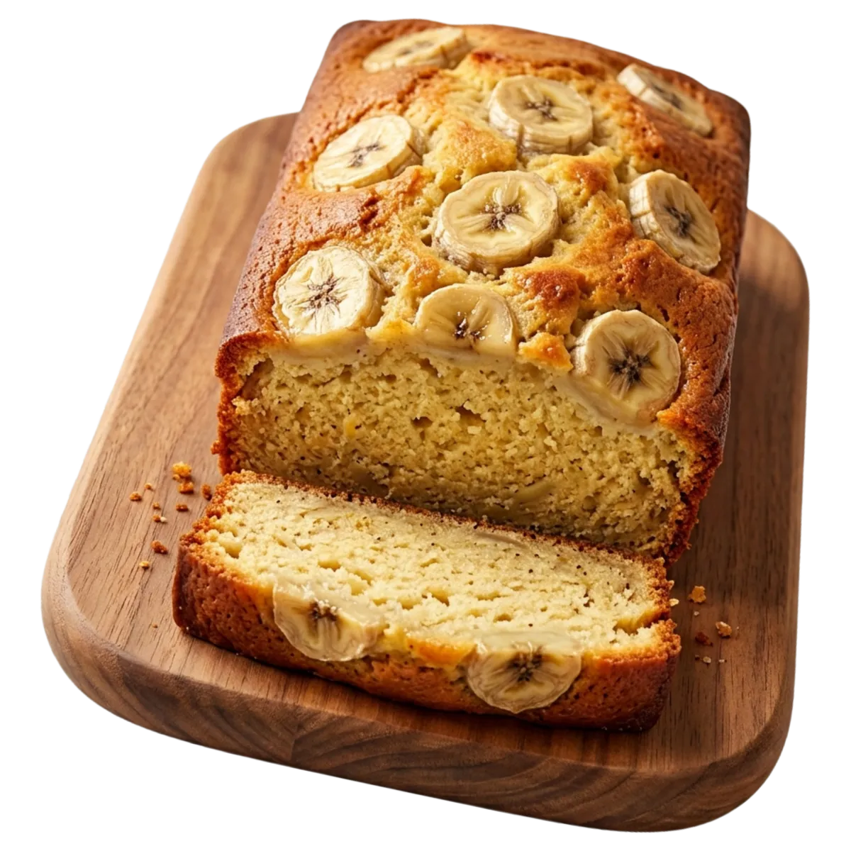 Banana buttercake topped with banana slices, one thick slice cut away