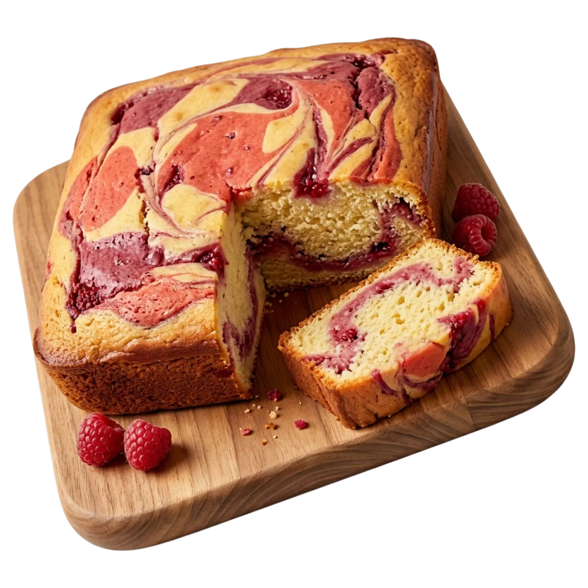 Raspberry buttercake on a wooden board with fresh raspberries beside it